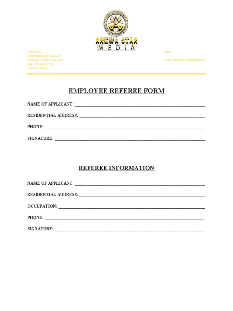 Employee Referee Form Template | PDF