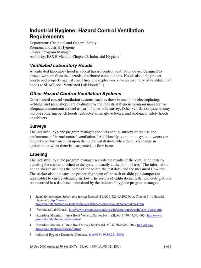 Industrial Hygiene Hazard Control Ventilation Requirements PDF