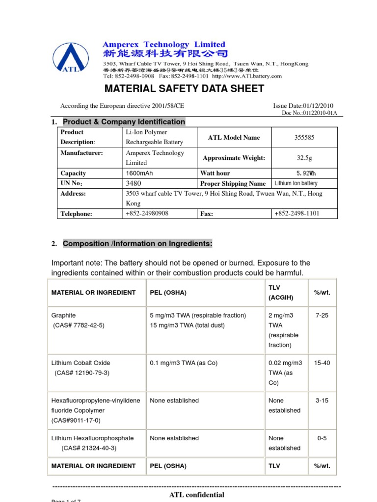 Lithium Ion Battery Safety Data Sheet | PDF | Battery Charger | Lithium ...