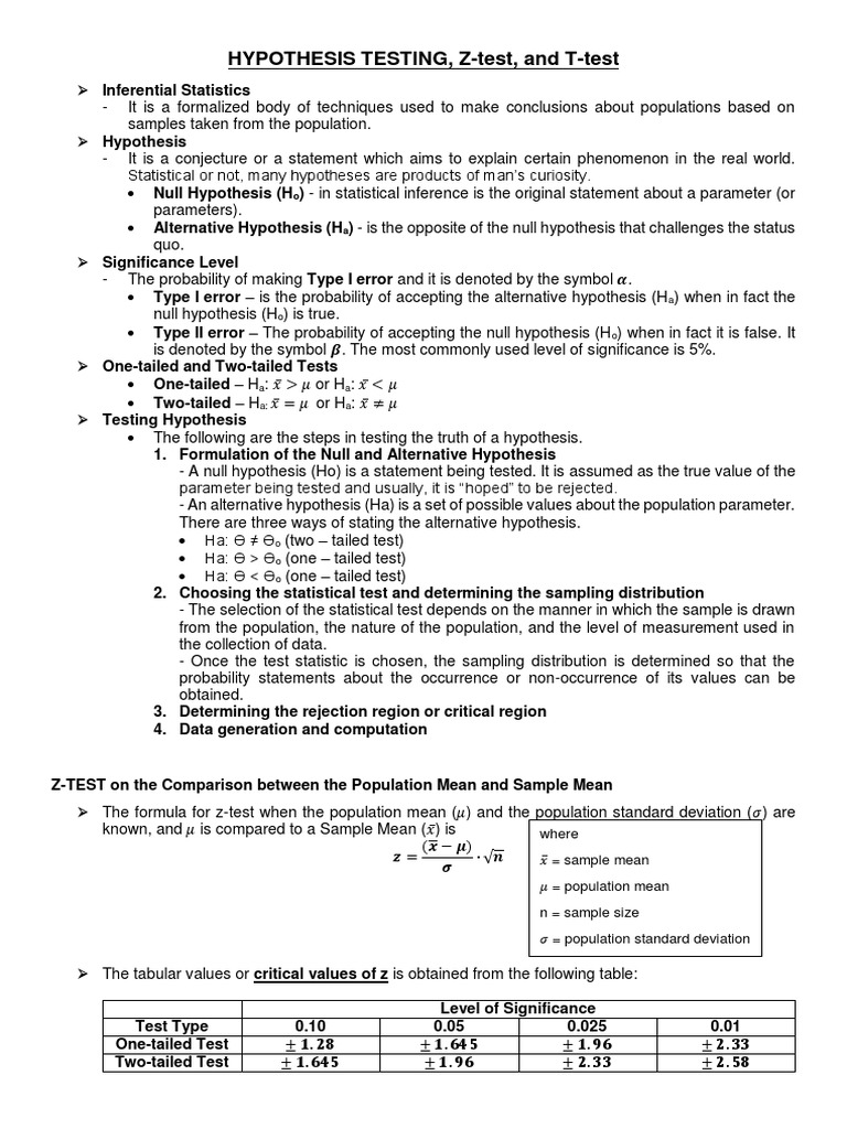 HYPOTHESIS TESTING, Z-Test, and T-Test | PDF | Null Hypothesis | Hypothesis