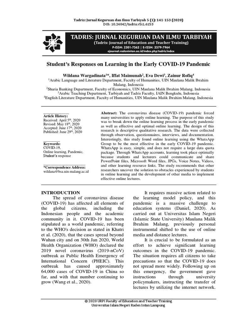 Student's Responses On Learning in The Early COVID-19 Pandemic | PDF ...