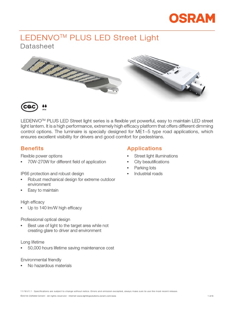Ledenvo PLUS LED Street Light Datasheet PDF Lighting Electric Power