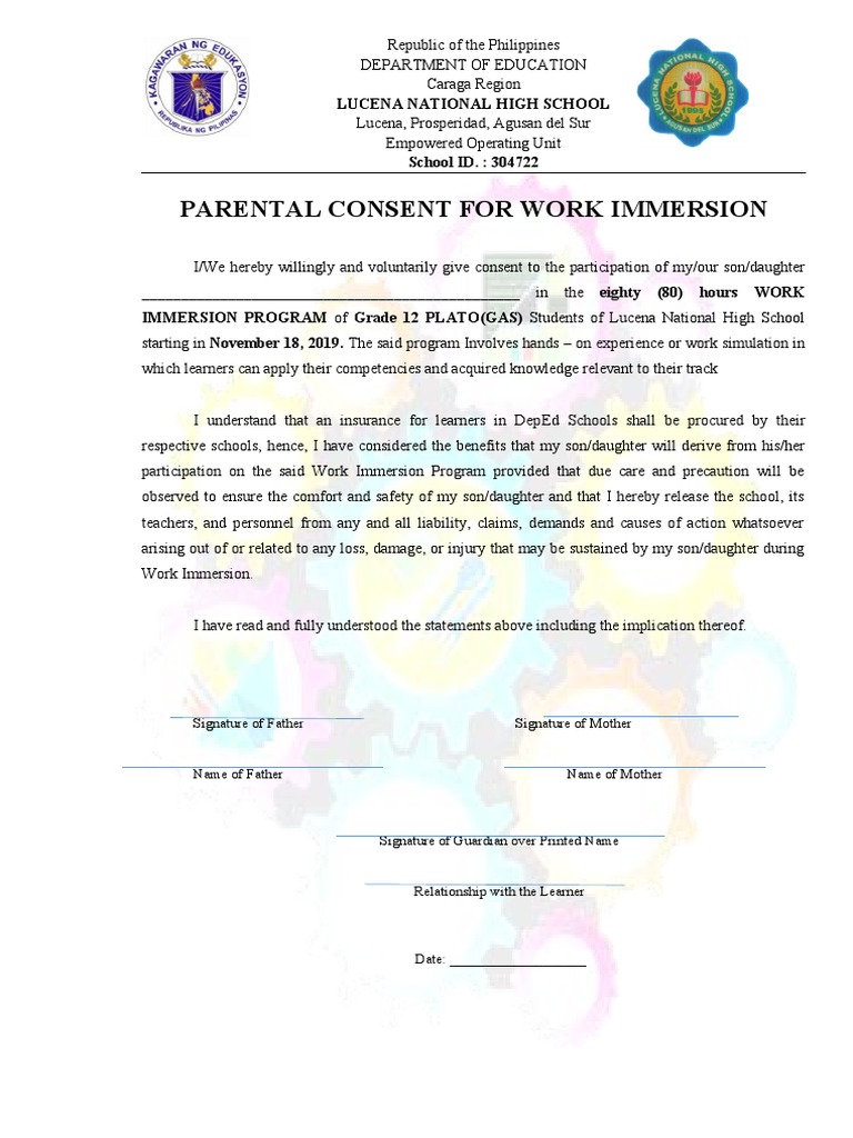 Parent Consent for Work Immersion | PDF
