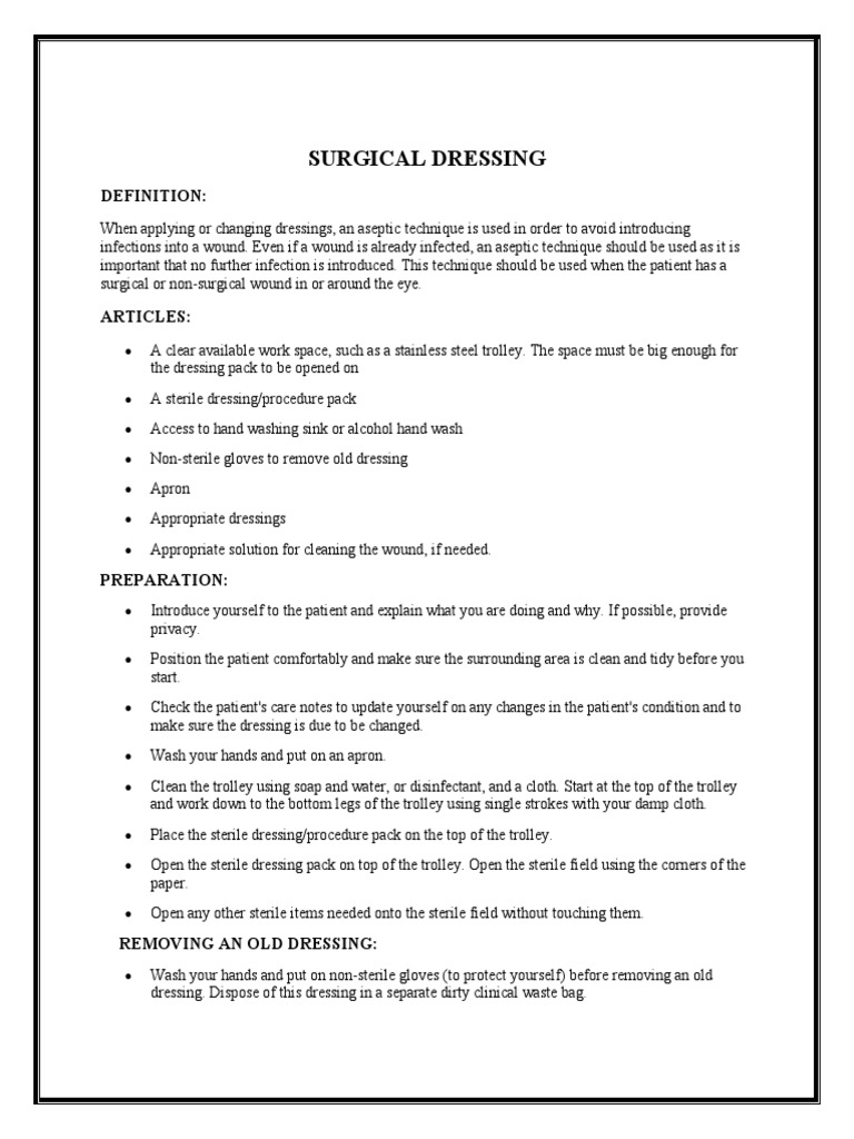 Surgical Dressing Procedure Guide | PDF | Wound | Surgery