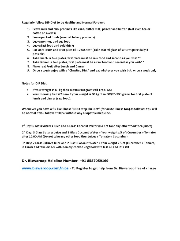Regularly Follow DIP Diet To Be Healthy and Normal + Flu Diet | PDF ...