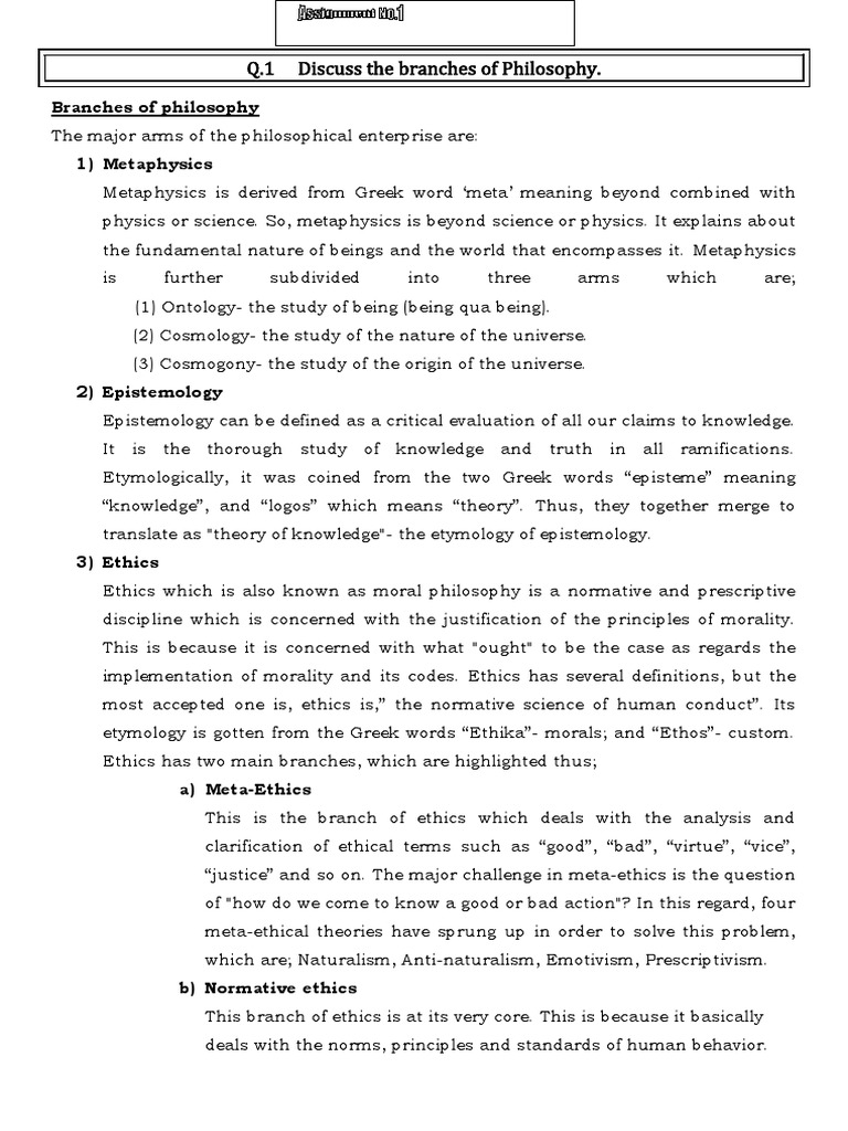 Q.1 Discuss The Branches of Philosophy PDF Idealism Philosophy Of