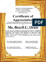 Certificate of Appreciation Ms. Recyll C. Oraiz: Catholic Youth Ministry Zone 9 Crusaders