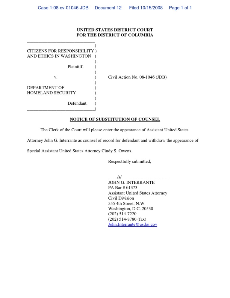 CREW v. DHS Regarding Border Fence 10/15/08 Notice of Substitution