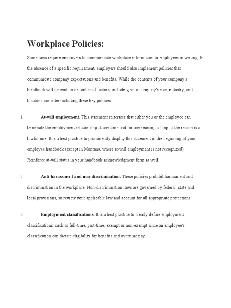 Workplace Policies:: At-Will Employment. This Statement Reiterates That ...