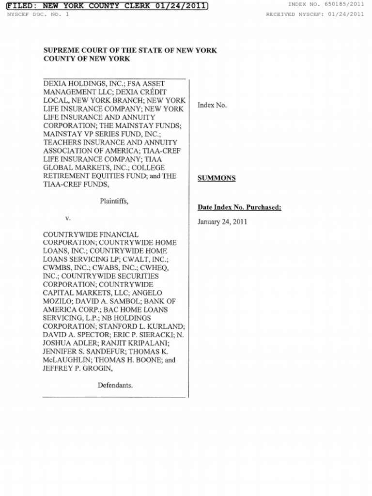 Dexia Holdings and TIAA CREF v Country Wide Financial PLAINT Bank America Home Loans
