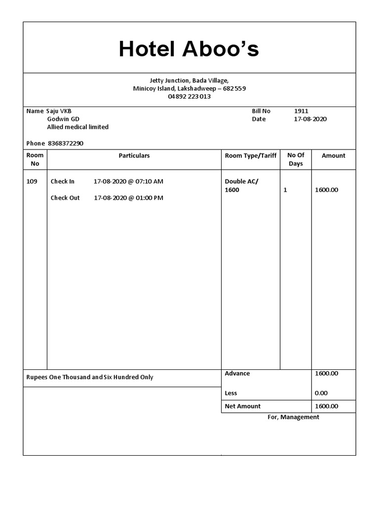 Hotel Aboo's: Room No Particulars Room Type/Tariff No of Days Amount | PDF