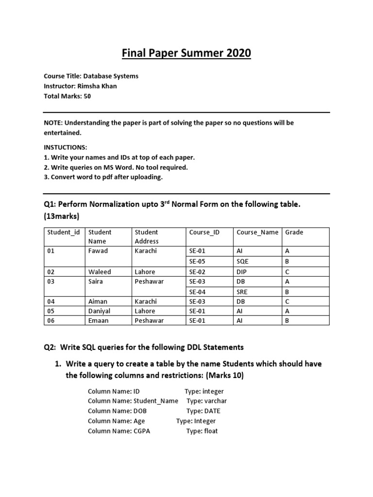 DB Final Exam Summer 20201 PDF | PDF | Information Technology ...