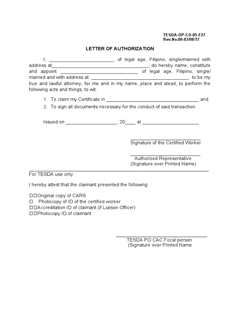 TESDA Authorization Letter Template | PDF