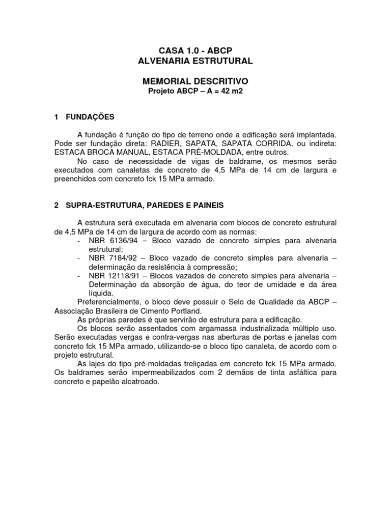 Memorialdescritivocasa1.0 Alvenariaestrutural | PDF