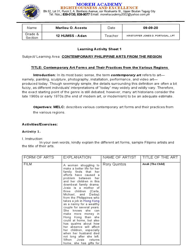 Marilou Acosta Learning Sheet Number 1 Contemporary Arts Philippines