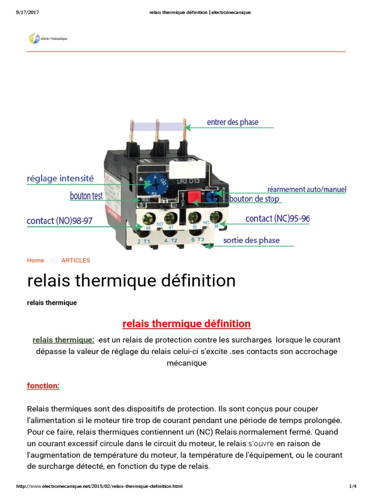 Relais électromécanique Et Son Schéma Et Son Plan D intégration Relais Thermique Définition - Electromecanique | PDF | Électricité |  Électrotechnique