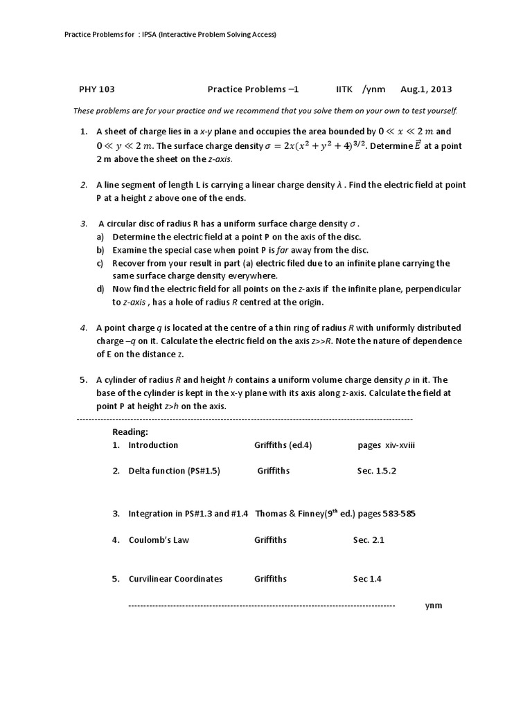 PHY 103 Practice Problems - 1 IITK /ynm Aug.1, 2013 | PDF | Electric ...