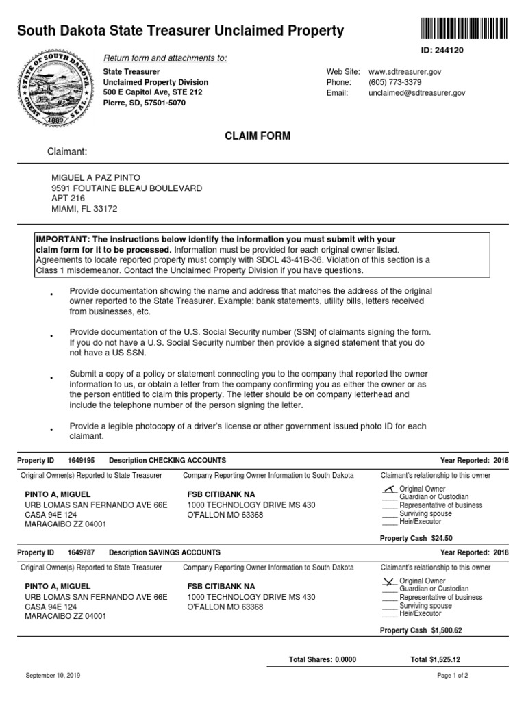 South Dakota State Treasurer Unclaimed Property Claim Form PDF