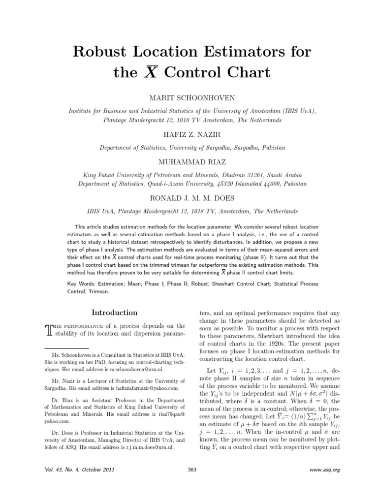 Robust Location Estimators For The Xbar Control Chart - JQT - 2011 PDF ...