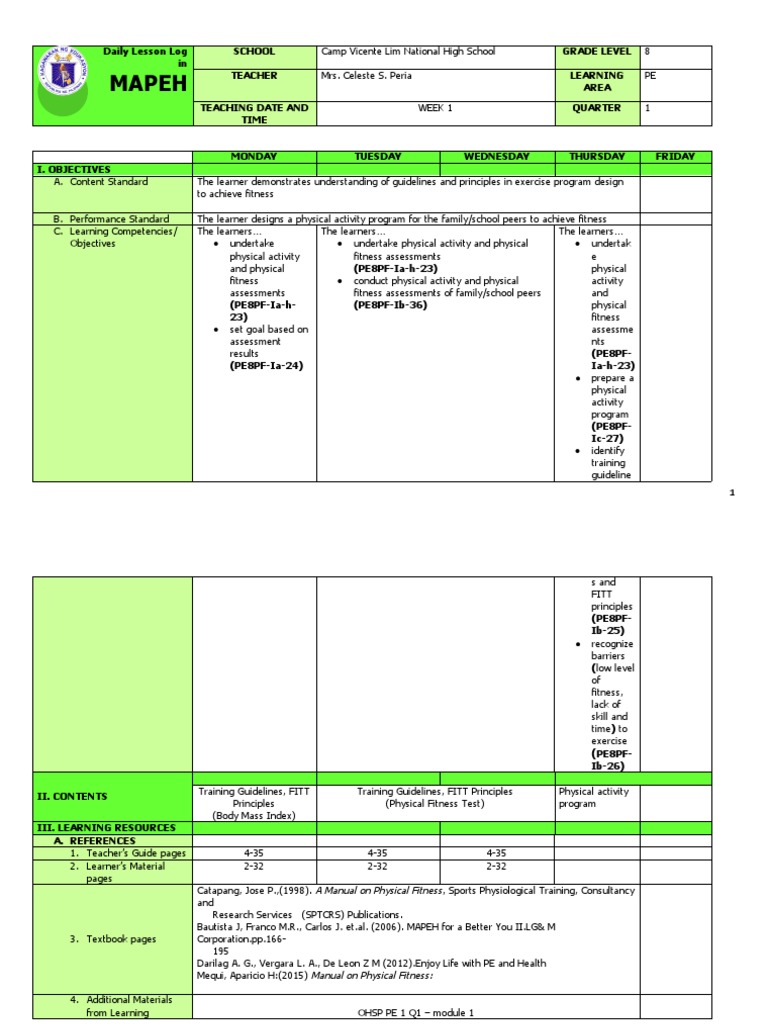 Grade 8 MAPEH PE Lesson Plan Q1 W1 | PDF | Physical Fitness | Rubric ...