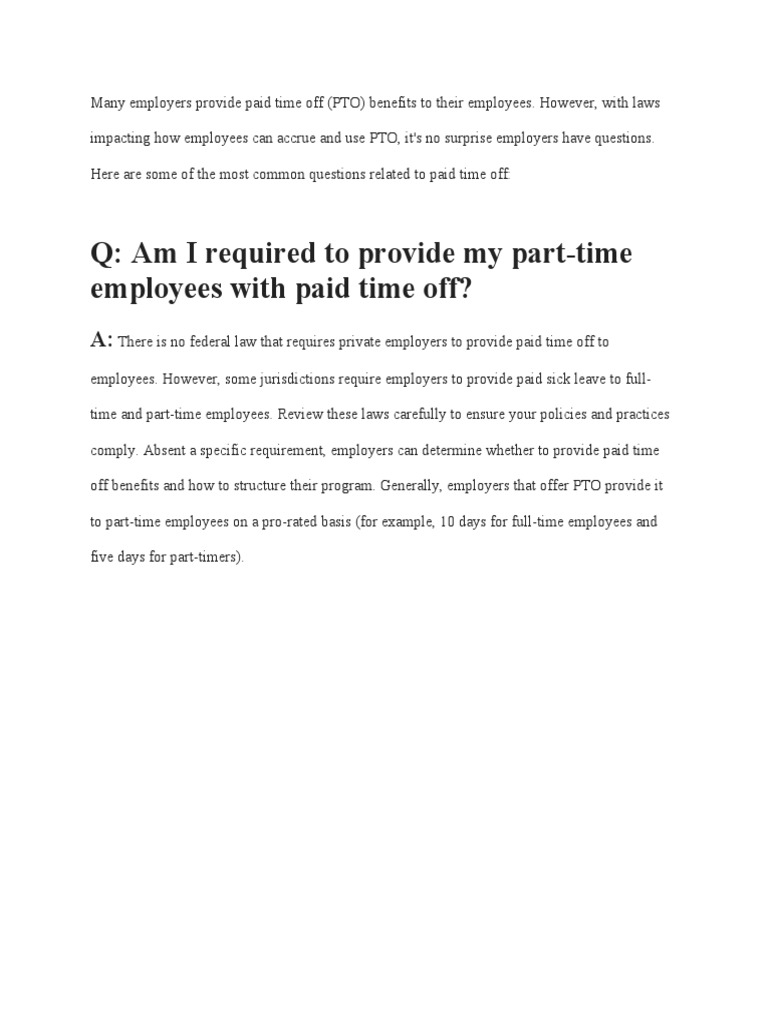 Q: Am I Required To Provide My Part-Time Employees With Paid Time Off ...