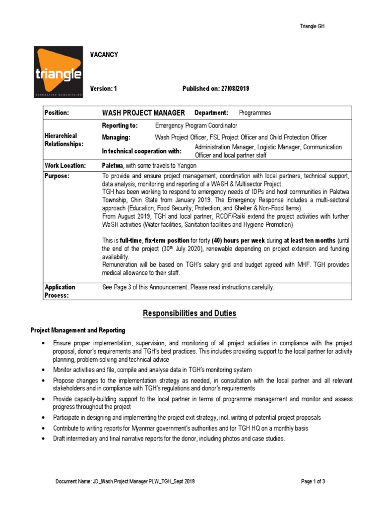 Wash Project Officer – Wash Coordinator Job Description – AJRATW