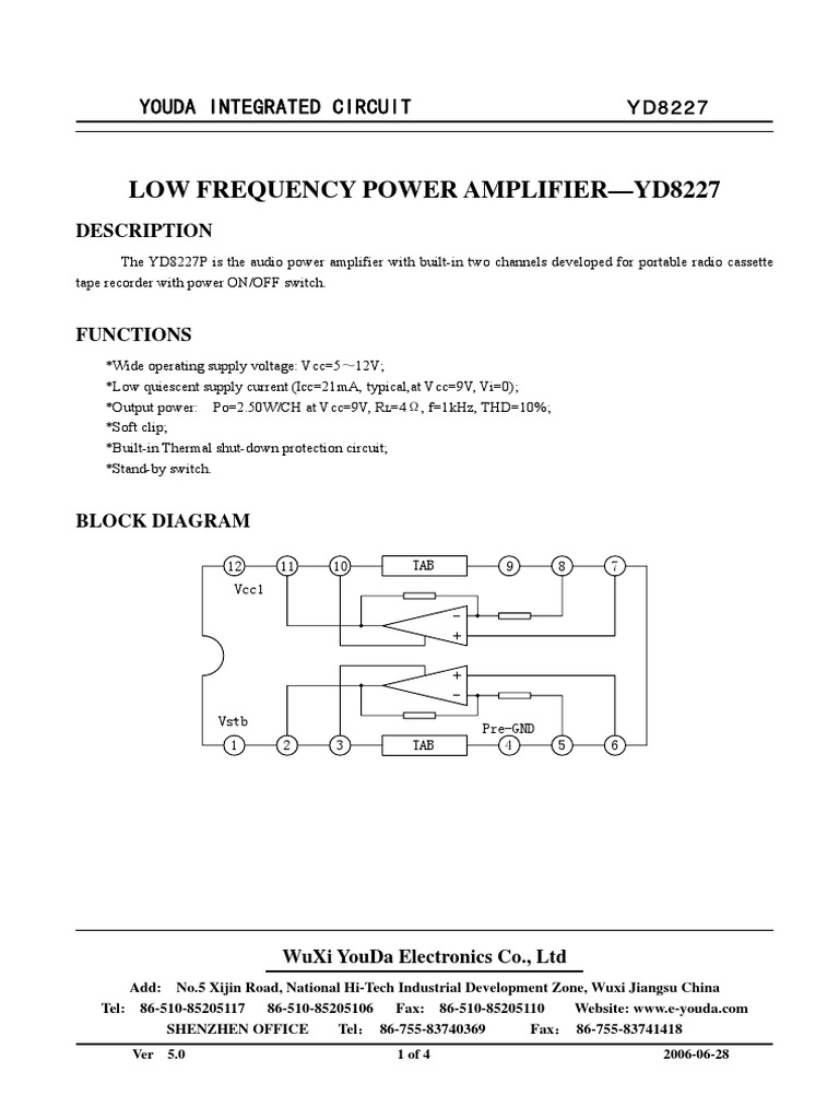 Low Frequency Power Amplifier for Portable Audio Devices Specifications and Application Notes