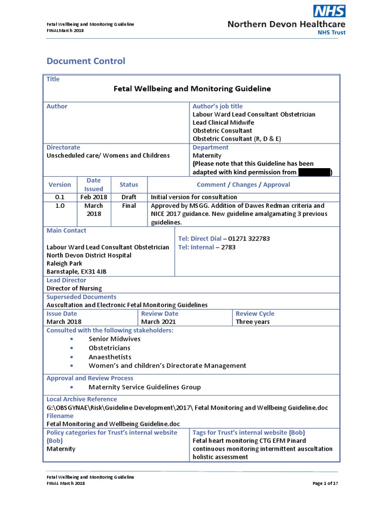 Document Control Fetal Wellbeing And Monitoring Guideline Pdf