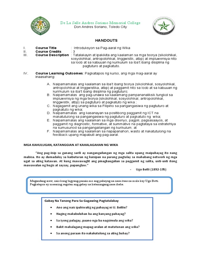 Handouts Intro Sa Pag Aaral Ng Wika