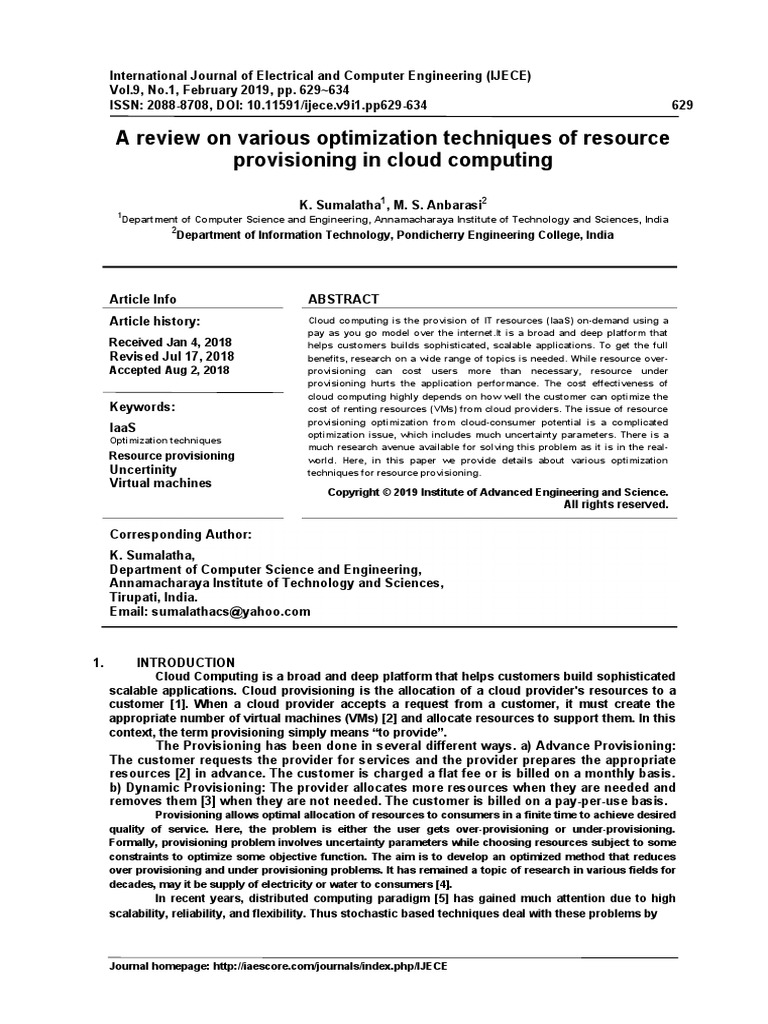 A Review On Various Optimization Techniques of Resource Provisioning in ...