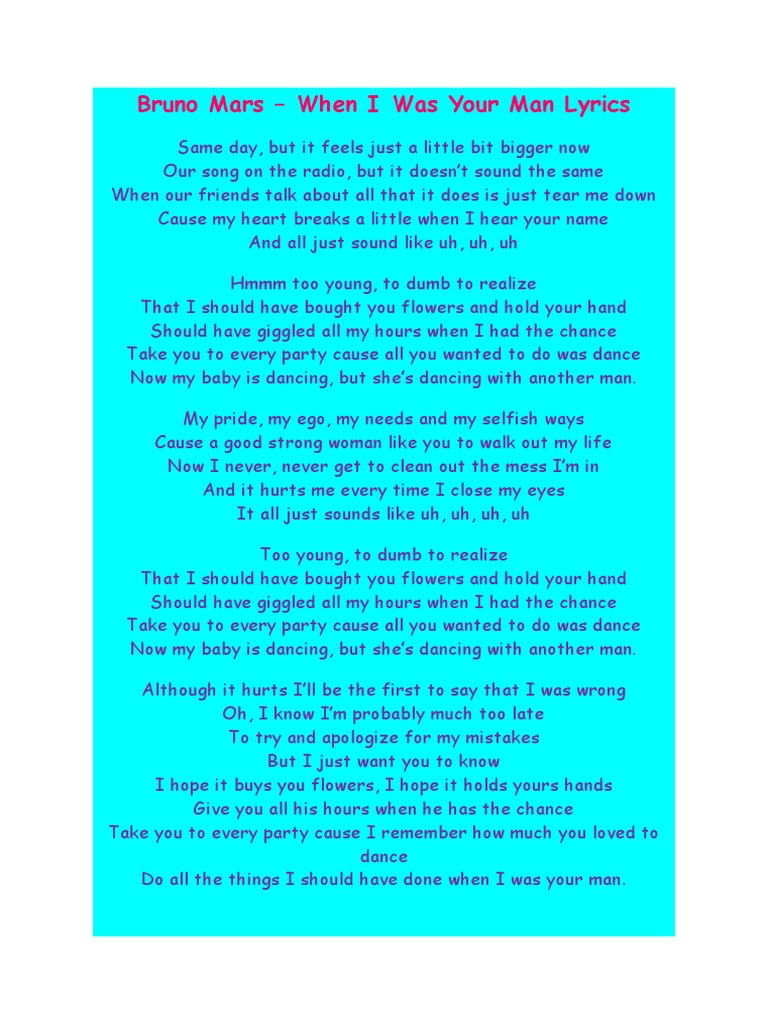 Bruno Mars When I Was Your Man Lyrics PDF