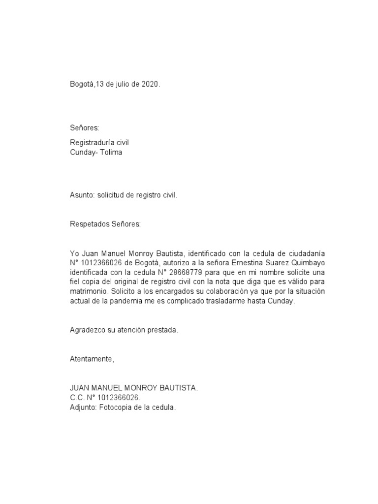 Carta para Solicitar Registro Civil | PDF
