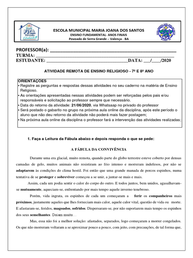 Atividade de Ensino Religioso - 6º Ano | PDF | Moralidade | Sociedade