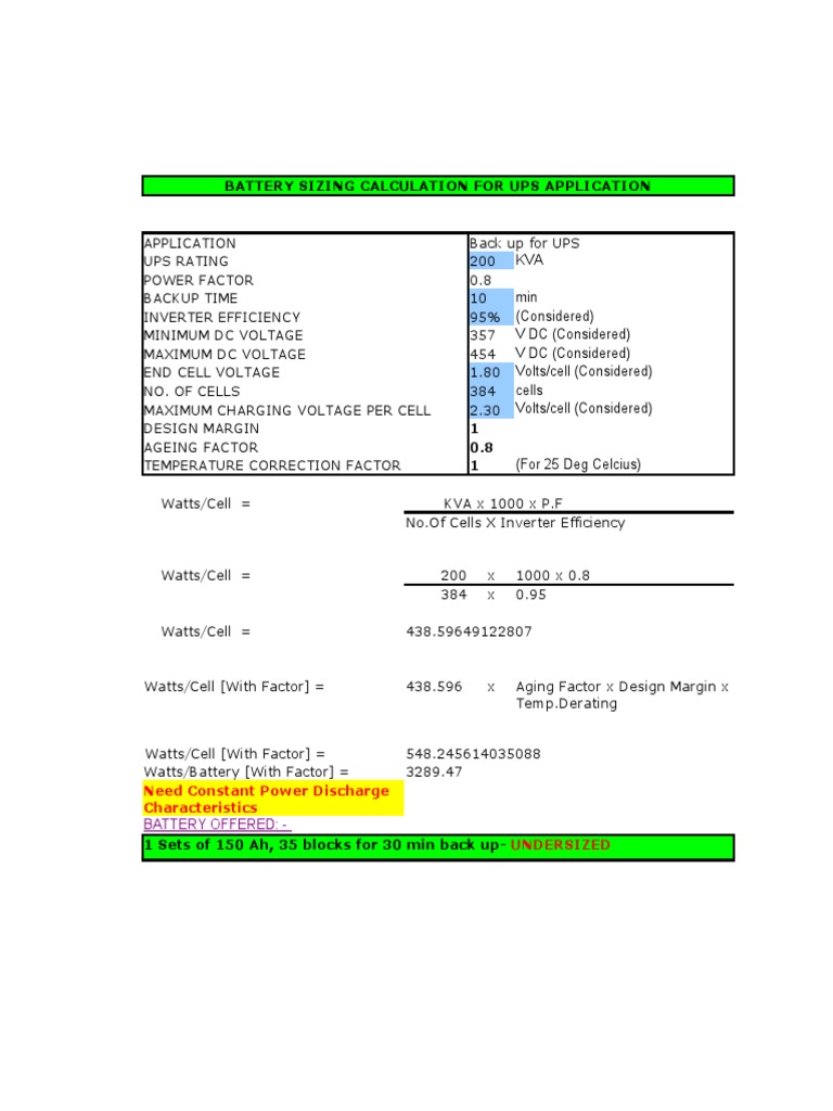 Battery Sizing Calculation For Ups Application Need Constant Power