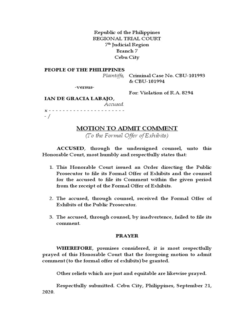 Motion to Admit Comment in Cebu Court | PDF | Prosecutor | Public Sphere