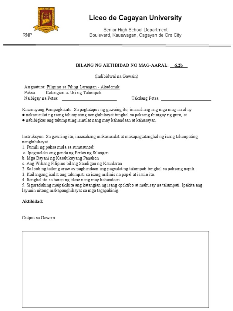Activity Sheet Yunit 6 Aralin 6.2b | PDF