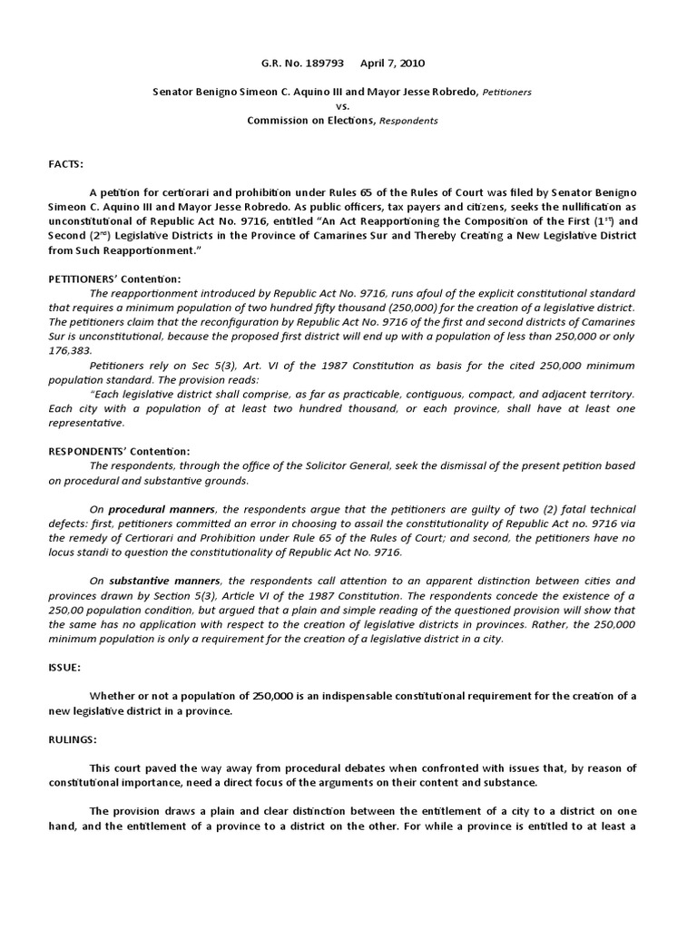 Gr no 189793 sen aquino vs comelec pdf apportionment politics
