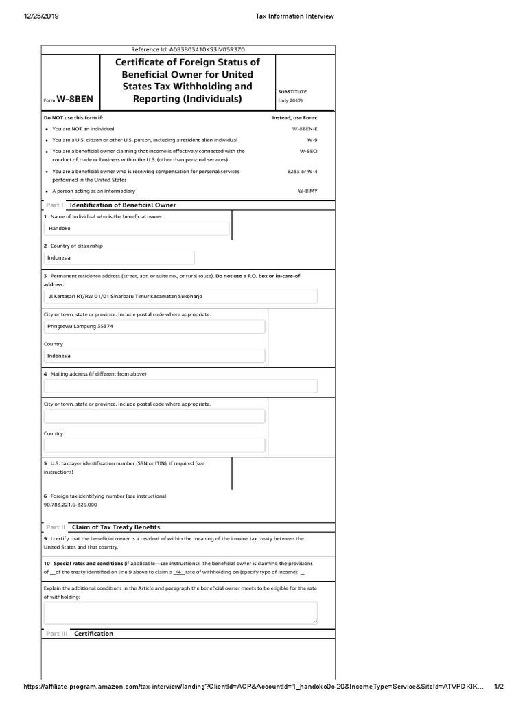 Tax Treaty Benefits Certification Form | PDF | Tax Treaty | Withholding Tax