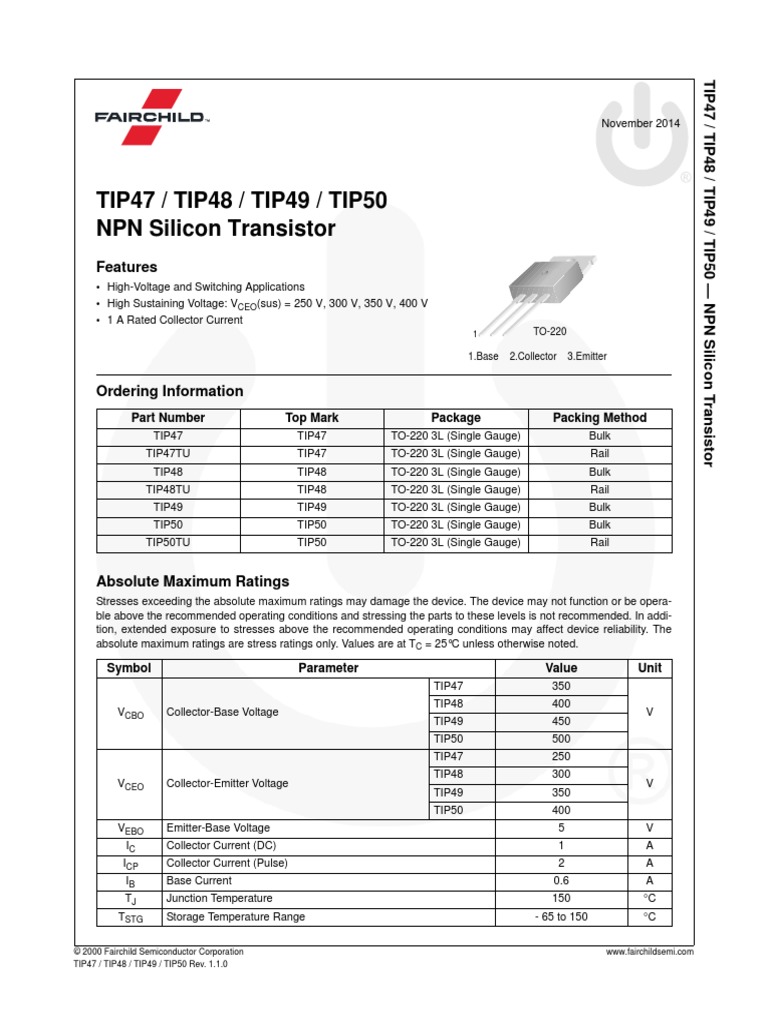 TIP47 / TIP48 / TIP49 / TIP50 NPN Silicon Transistor: Features | PDF ...