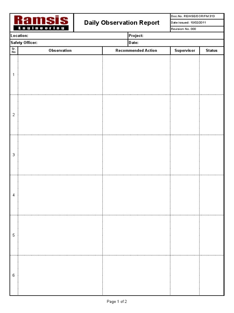 Daily Safety Observation Report Template | PDF