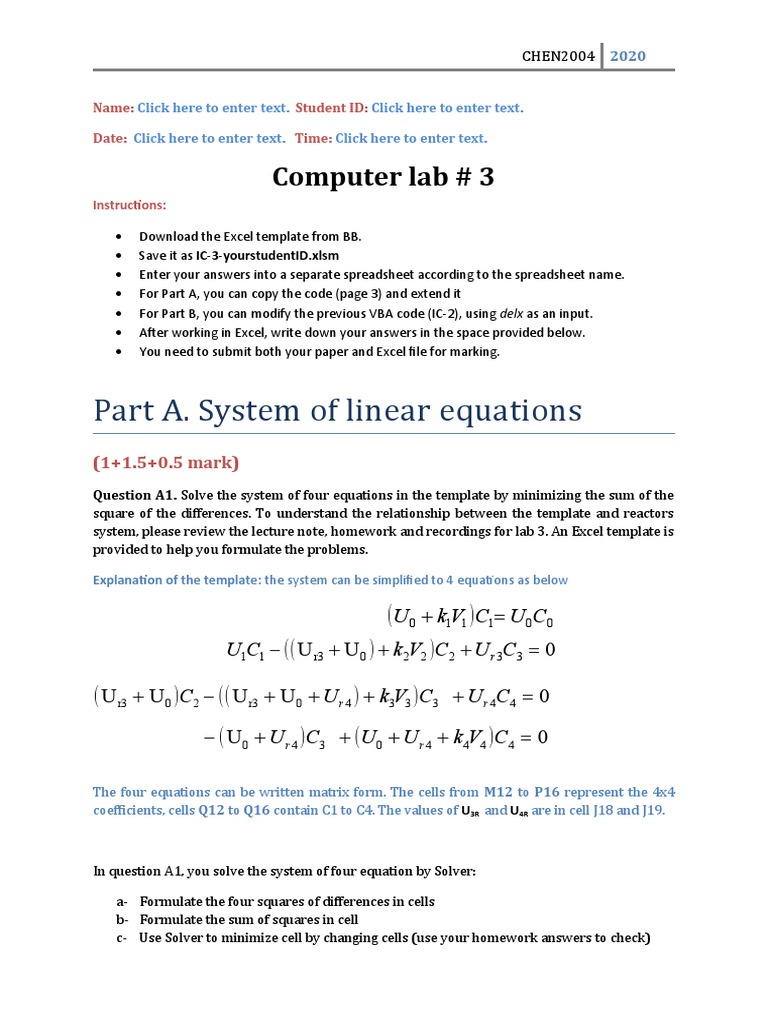 Part A. System of Linear Equations: Computer Lab # 3 | PDF | Microsoft ...