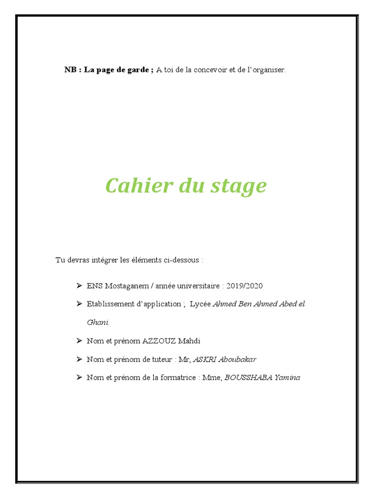 Page De Garde Cahier D observation Cahier Du Stage | PDF