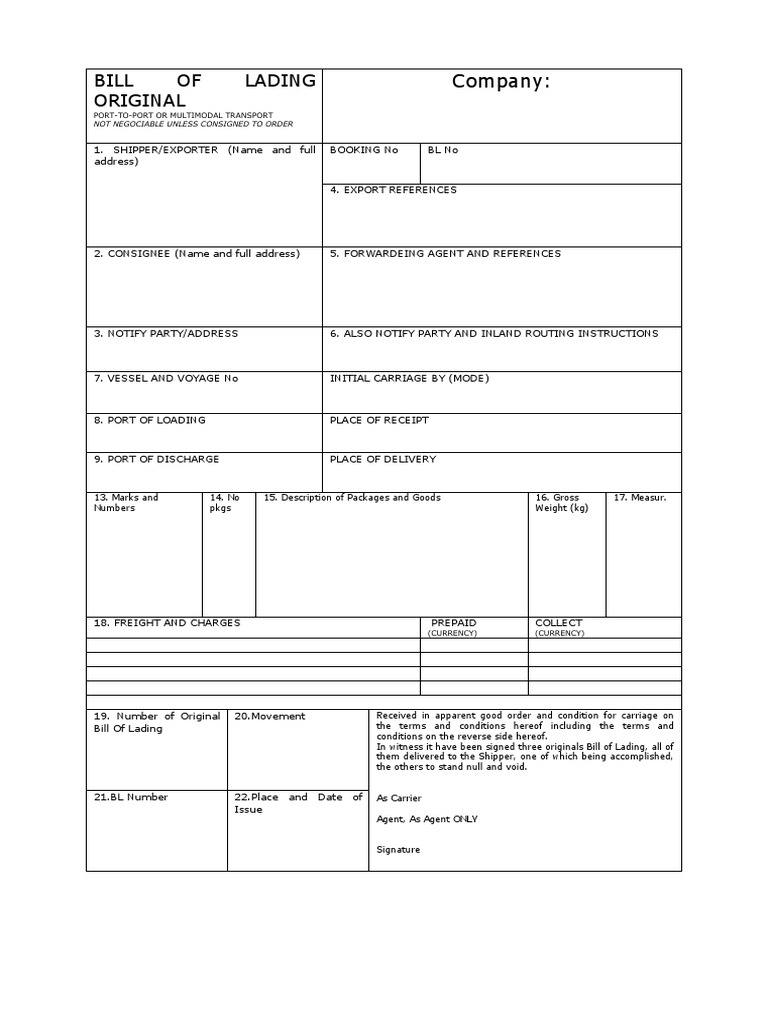 Modelo De Conocimiento De Embarque Bill Of Lading Pdf Bill Of