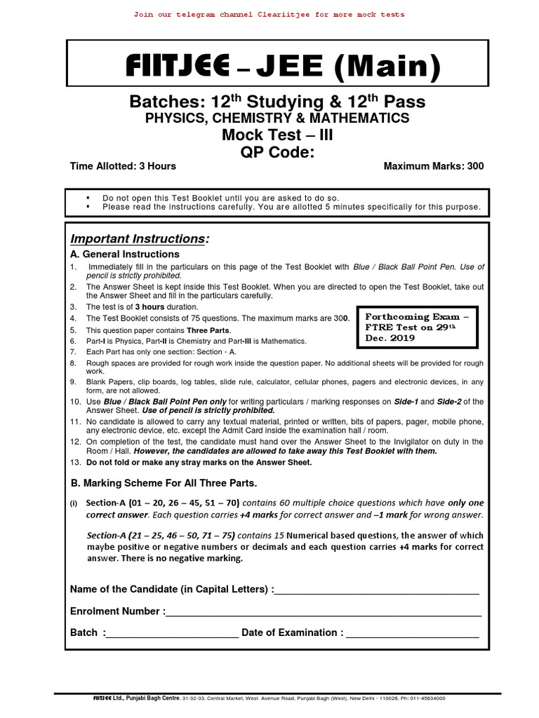 JEE Mock Test III Question Paper | PDF | Electronvolt | Photon
