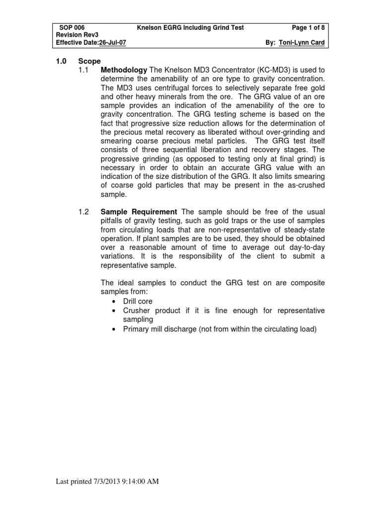 Knelson EGRG and Grind Test Procedure | PDF | Mill (Grinding) | Chemistry