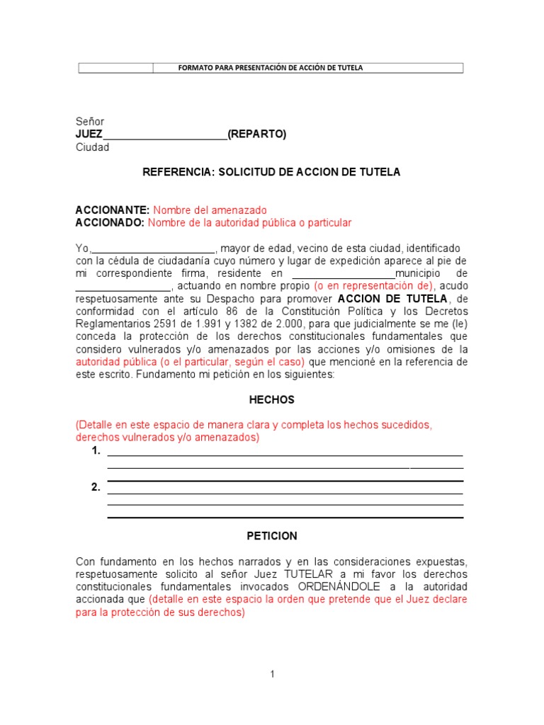 Formato Acción de Tutela | PDF | Derecho Constitucional | Juez
