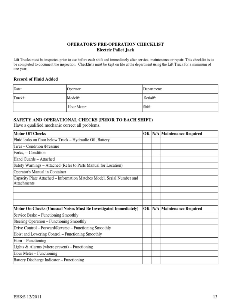 Operator'S Pre-Operation Checklist Electric Pallet Jack: Have A ...