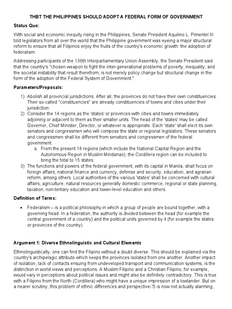 THBT The Philippines Should Adopt A Federal Form of Government | PDF ...