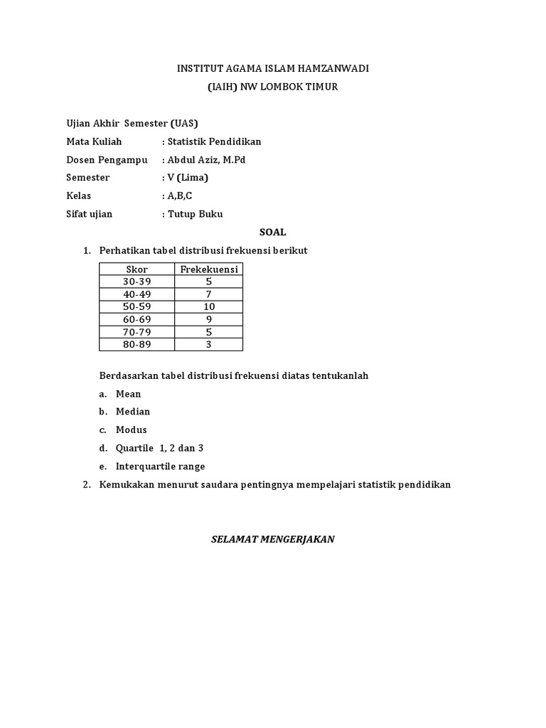 Soal Uas Iaih Statistik Pendidikan