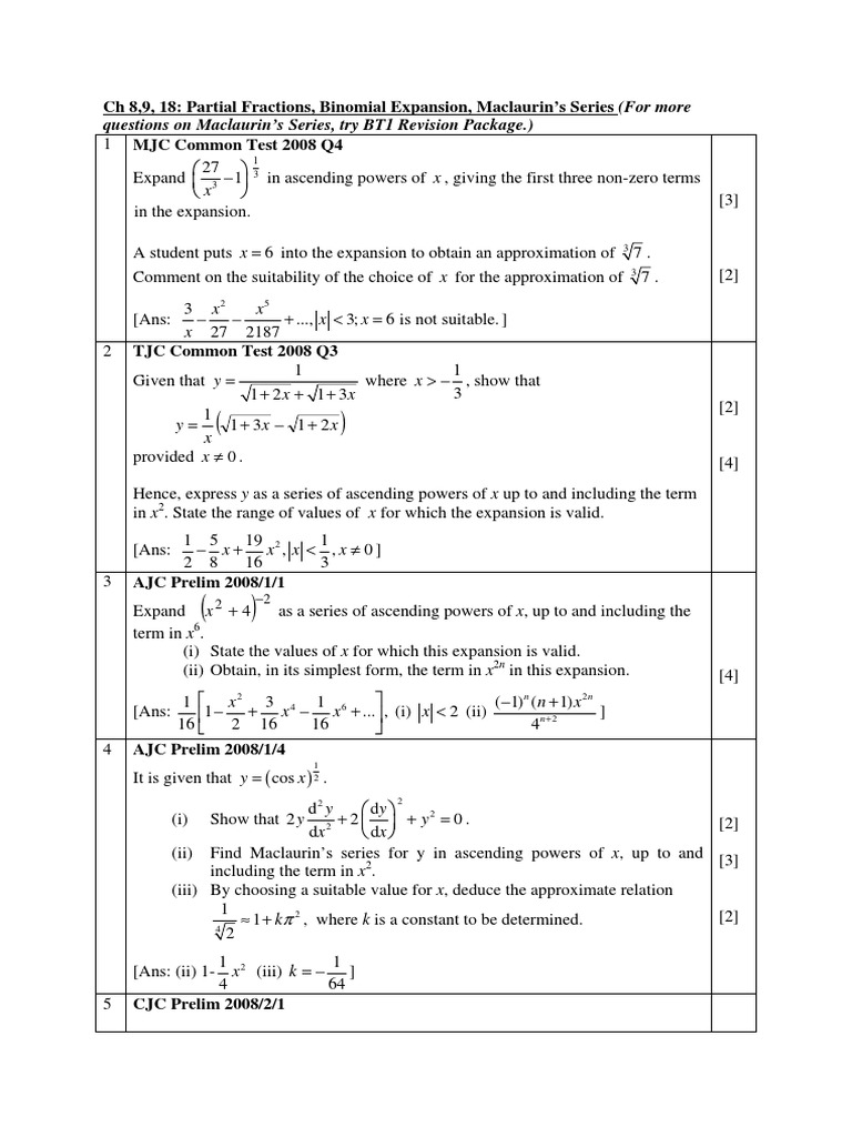 Chapter 08,9,18 Partial Fractions, Binomial Expansion, Maclaurin Series ...